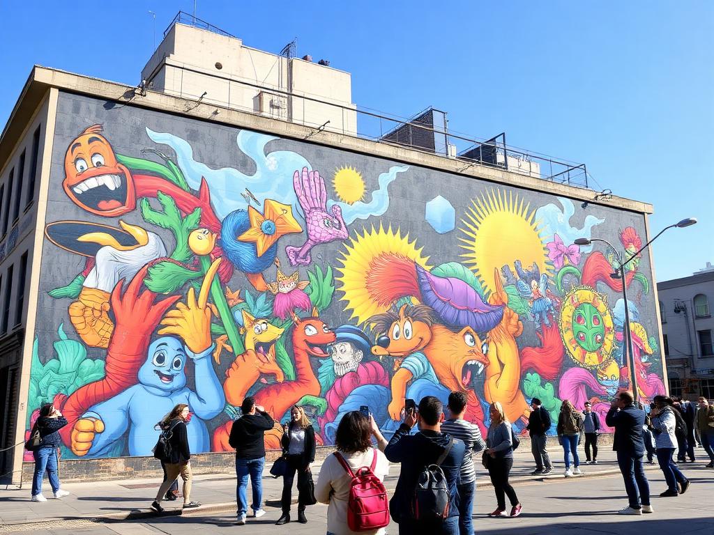 Visitors photographing a large mural on a city building