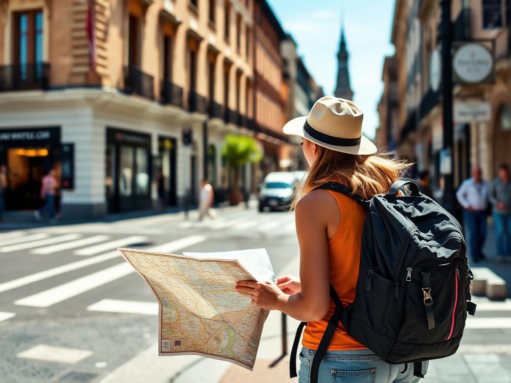 Traveler with a backpack reading a map on a city street